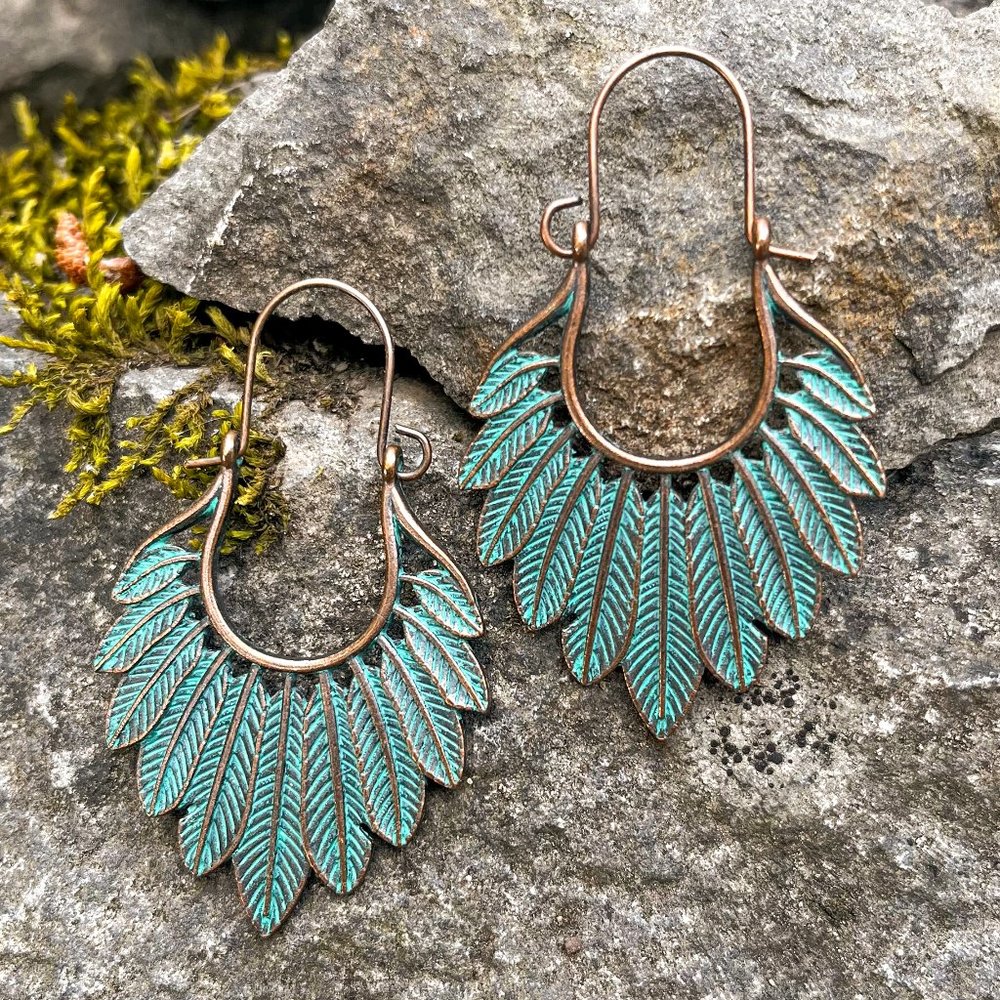 Boho Patina Feather Hoop Earrings - Picture 3 of 4